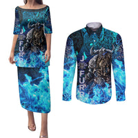 Jofurr Boar Warrior Viking Couples Matching Puletasi and Long Sleeve Button Shirt Frost Viking Runes Blue Flame