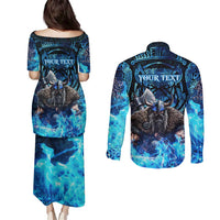 Jofurr Boar Warrior Viking Couples Matching Puletasi and Long Sleeve Button Shirt Frost Viking Runes Blue Flame