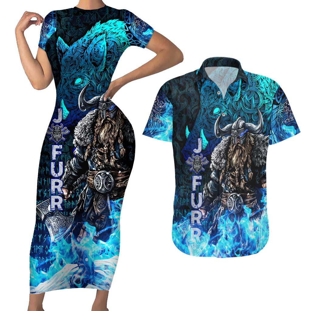 Jofurr Boar Warrior Viking Couples Matching Short Sleeve Bodycon Dress and Hawaiian Shirt Frost Viking Runes Blue Flame