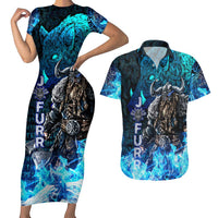Jofurr Boar Warrior Viking Couples Matching Short Sleeve Bodycon Dress and Hawaiian Shirt Frost Viking Runes Blue Flame