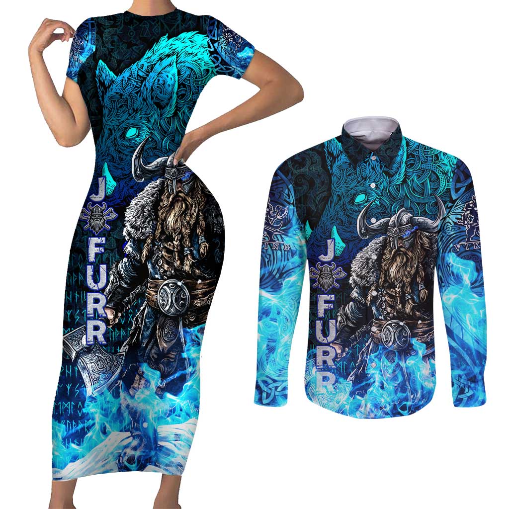 Jofurr Boar Warrior Viking Couples Matching Short Sleeve Bodycon Dress and Long Sleeve Button Shirt Frost Viking Runes Blue Flame