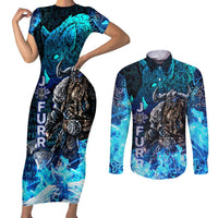 Jofurr Boar Warrior Viking Couples Matching Short Sleeve Bodycon Dress and Long Sleeve Button Shirt Frost Viking Runes Blue Flame