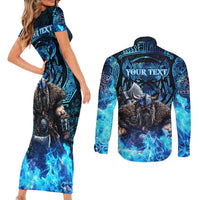 Jofurr Boar Warrior Viking Couples Matching Short Sleeve Bodycon Dress and Long Sleeve Button Shirt Frost Viking Runes Blue Flame