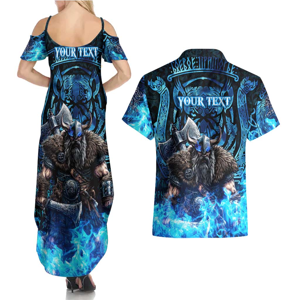 Jofurr Boar Warrior Viking Couples Matching Summer Maxi Dress and Hawaiian Shirt Frost Viking Runes Blue Flame