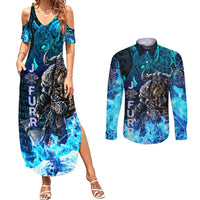 Jofurr Boar Warrior Viking Couples Matching Summer Maxi Dress and Long Sleeve Button Shirt Frost Viking Runes Blue Flame