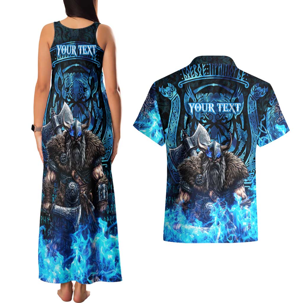 Jofurr Boar Warrior Viking Couples Matching Tank Maxi Dress and Hawaiian Shirt Frost Viking Runes Blue Flame