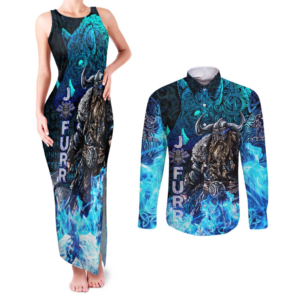 Jofurr Boar Warrior Viking Couples Matching Tank Maxi Dress and Long Sleeve Button Shirt Frost Viking Runes Blue Flame