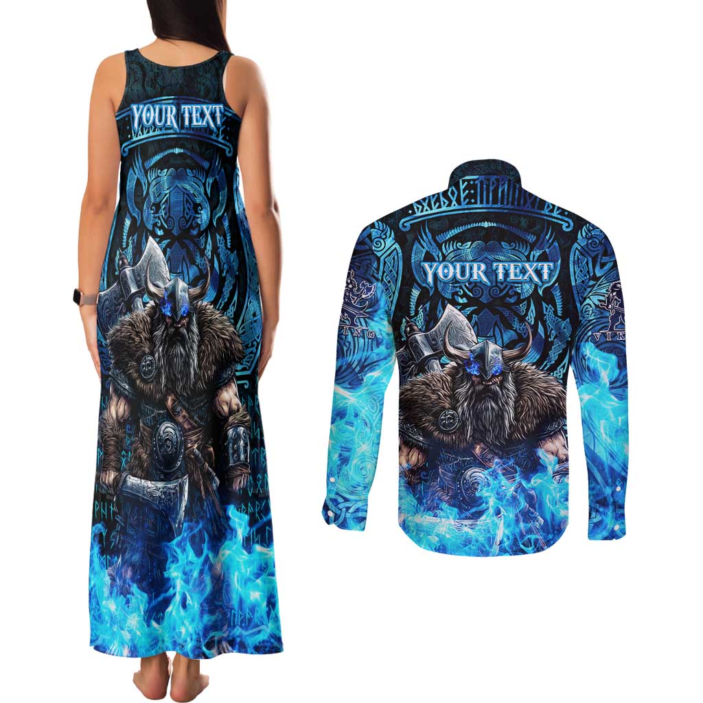 Jofurr Boar Warrior Viking Couples Matching Tank Maxi Dress and Long Sleeve Button Shirt Frost Viking Runes Blue Flame