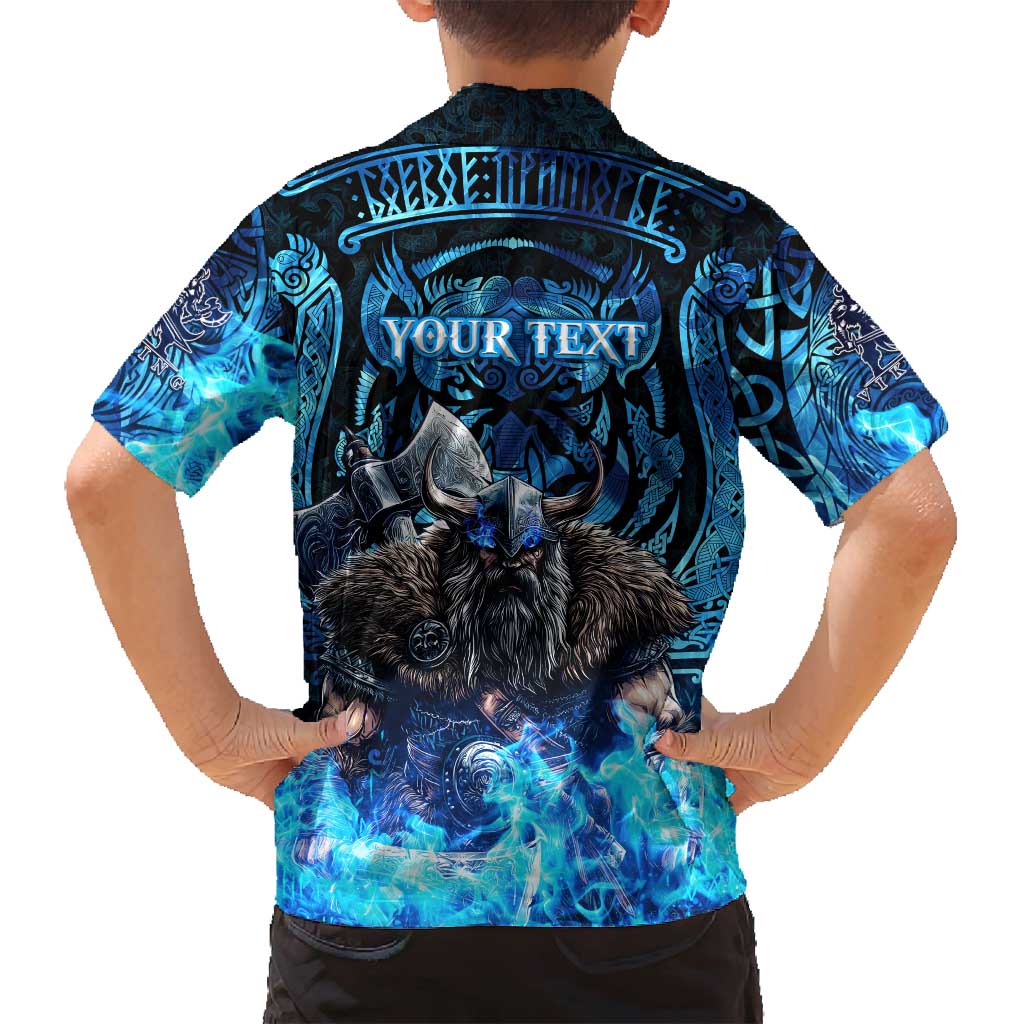 Jofurr Boar Warrior Viking Family Matching Long Sleeve Bodycon Dress and Hawaiian Shirt Frost Viking Runes Blue Flame