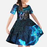 Jofurr Boar Warrior Viking Family Matching Long Sleeve Bodycon Dress and Hawaiian Shirt Frost Viking Runes Blue Flame