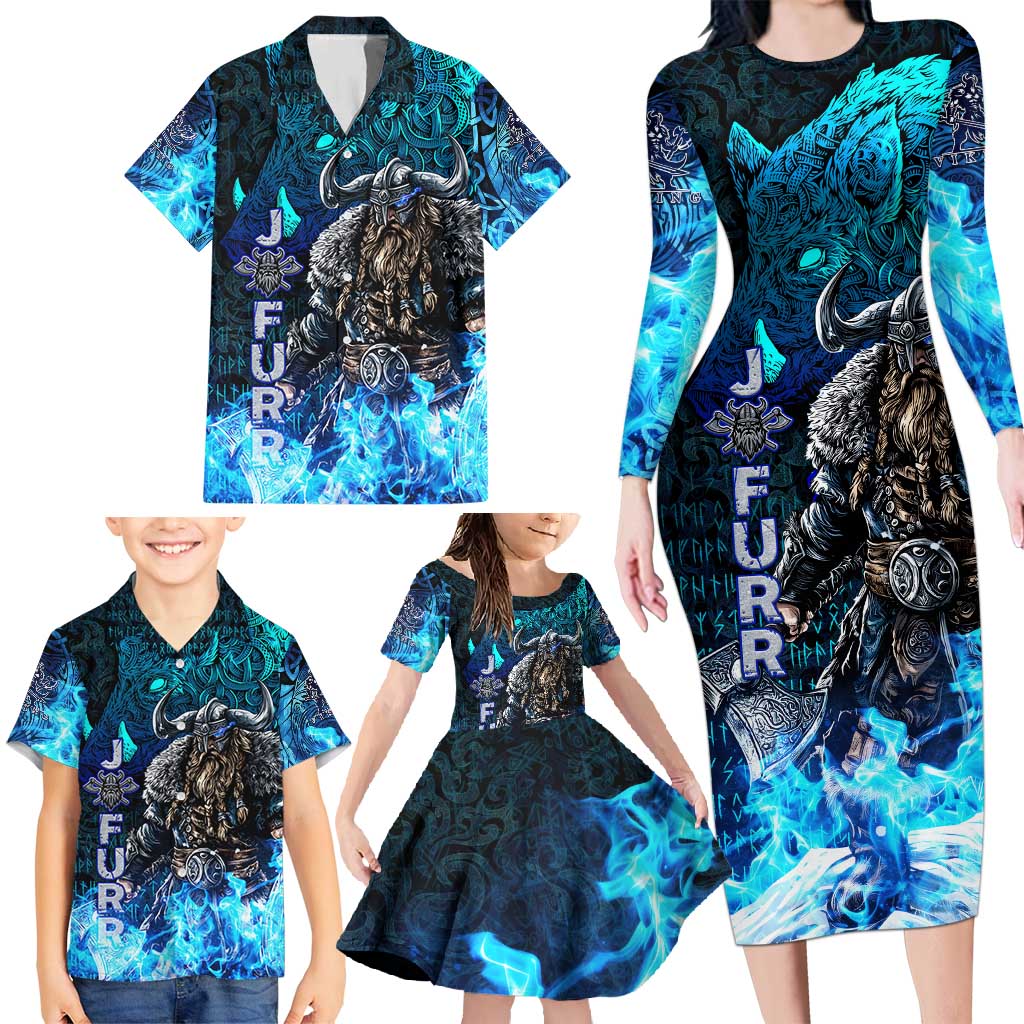Jofurr Boar Warrior Viking Family Matching Long Sleeve Bodycon Dress and Hawaiian Shirt Frost Viking Runes Blue Flame