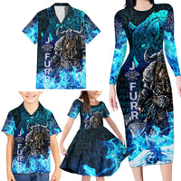 Jofurr Boar Warrior Viking Family Matching Long Sleeve Bodycon Dress and Hawaiian Shirt Frost Viking Runes Blue Flame
