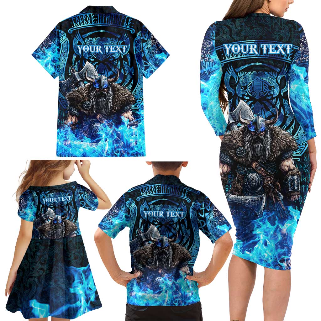 Jofurr Boar Warrior Viking Family Matching Long Sleeve Bodycon Dress and Hawaiian Shirt Frost Viking Runes Blue Flame