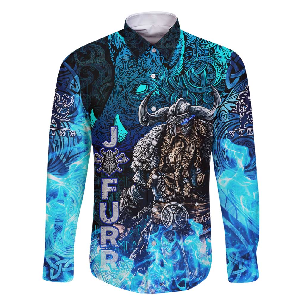 Jofurr Boar Warrior Viking Family Matching Long Sleeve Bodycon Dress and Hawaiian Shirt Frost Viking Runes Blue Flame