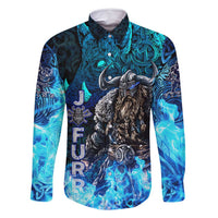 Jofurr Boar Warrior Viking Family Matching Long Sleeve Bodycon Dress and Hawaiian Shirt Frost Viking Runes Blue Flame