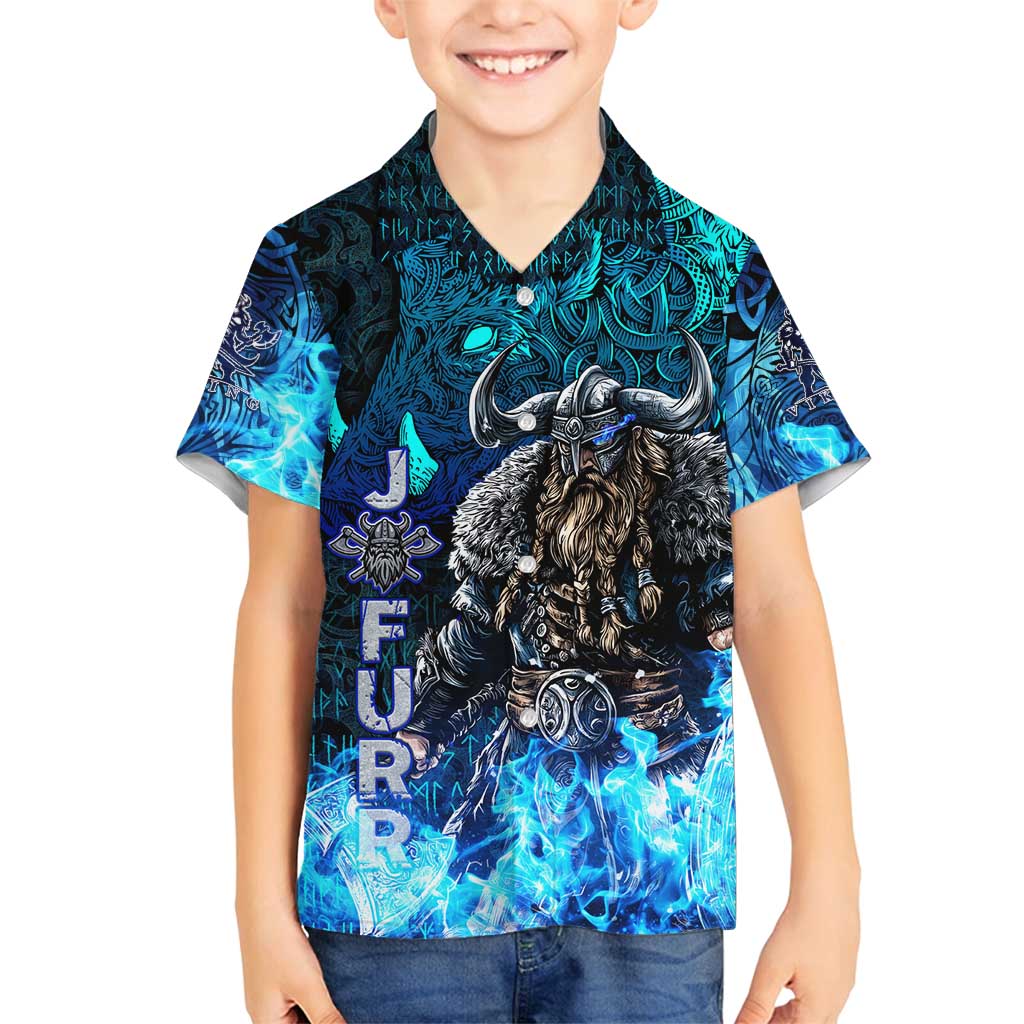 Jofurr Boar Warrior Viking Family Matching Long Sleeve Bodycon Dress and Hawaiian Shirt Frost Viking Runes Blue Flame