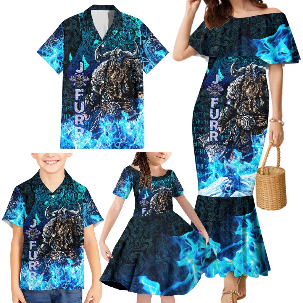 Jofurr Boar Warrior Viking Family Matching Mermaid Dress and Hawaiian Shirt Frost Viking Runes Blue Flame