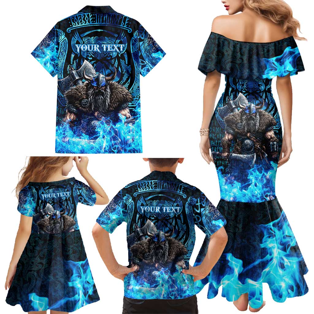 Jofurr Boar Warrior Viking Family Matching Mermaid Dress and Hawaiian Shirt Frost Viking Runes Blue Flame