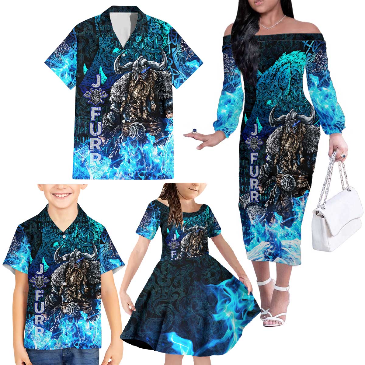 Jofurr Boar Warrior Viking Family Matching Off The Shoulder Long Sleeve Dress and Hawaiian Shirt Frost Viking Runes Blue Flame
