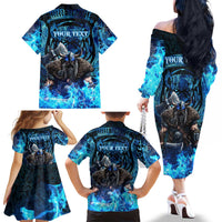 Jofurr Boar Warrior Viking Family Matching Off The Shoulder Long Sleeve Dress and Hawaiian Shirt Frost Viking Runes Blue Flame