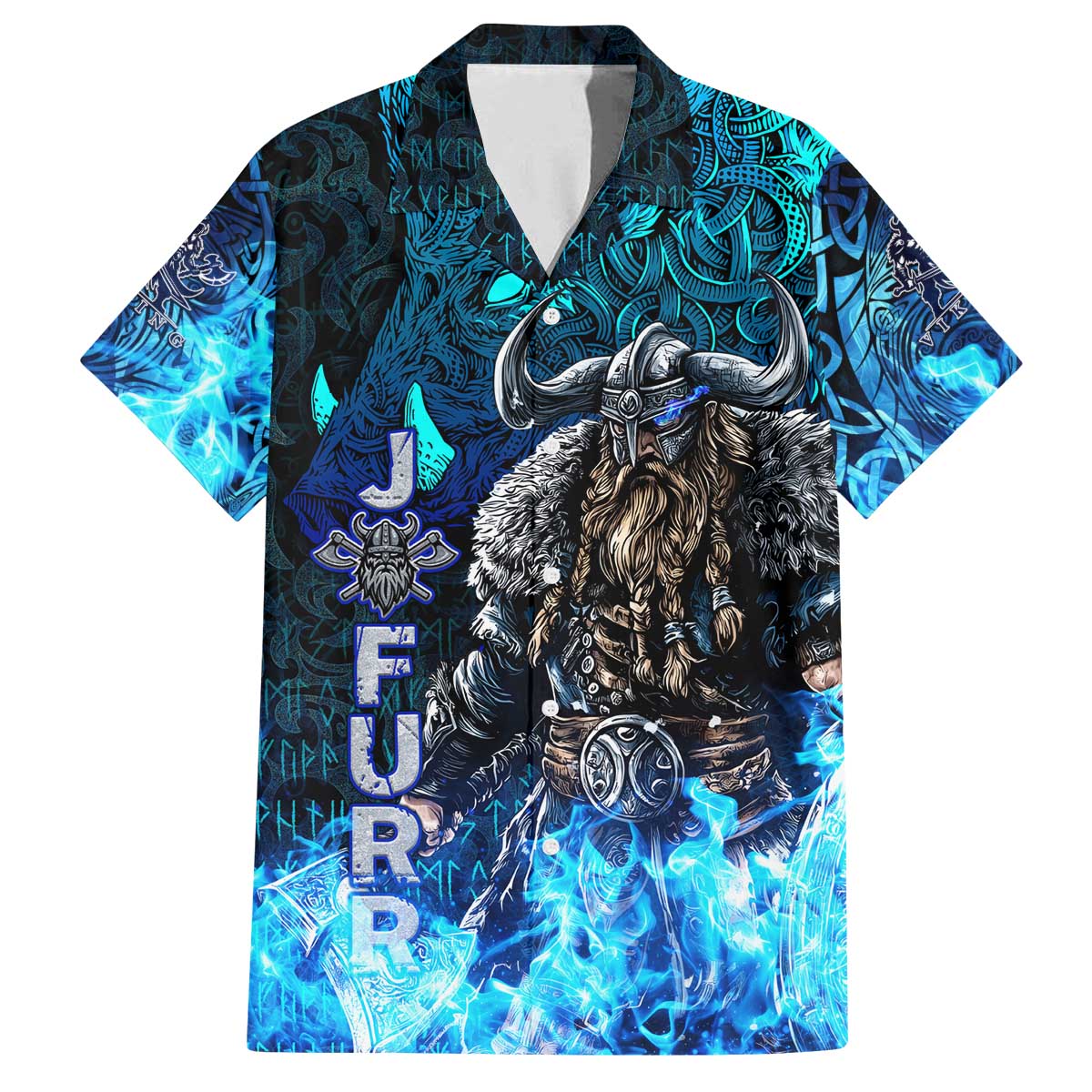 Jofurr Boar Warrior Viking Family Matching Off The Shoulder Long Sleeve Dress and Hawaiian Shirt Frost Viking Runes Blue Flame