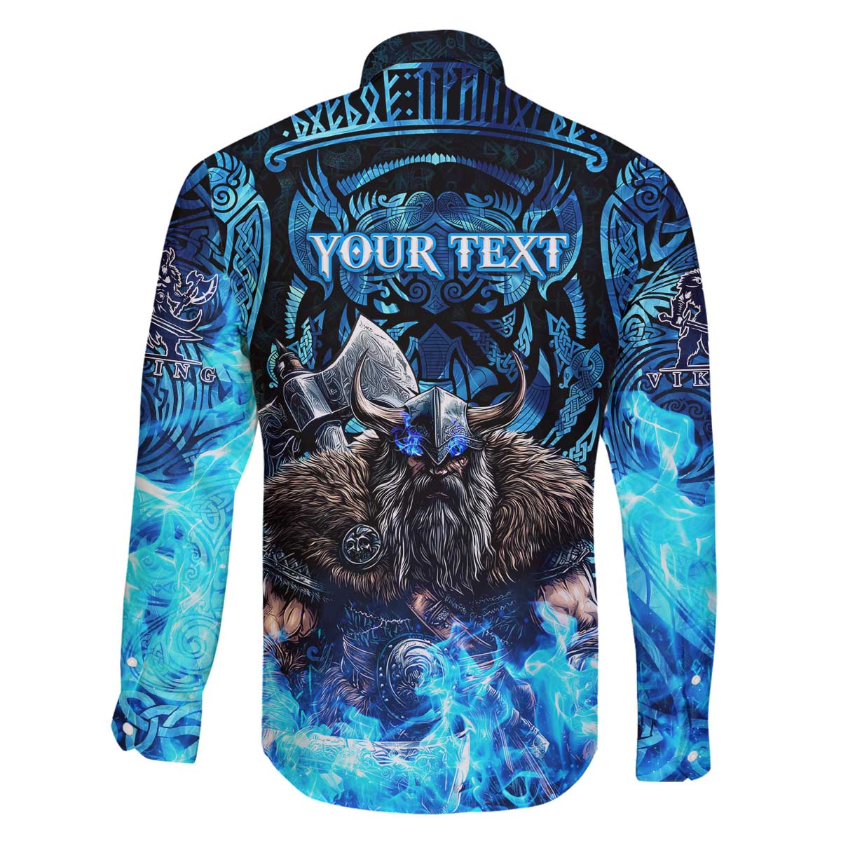 Jofurr Boar Warrior Viking Family Matching Off The Shoulder Long Sleeve Dress and Hawaiian Shirt Frost Viking Runes Blue Flame