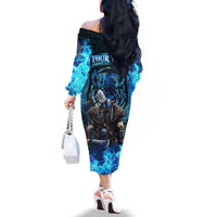 Jofurr Boar Warrior Viking Family Matching Off The Shoulder Long Sleeve Dress and Hawaiian Shirt Frost Viking Runes Blue Flame