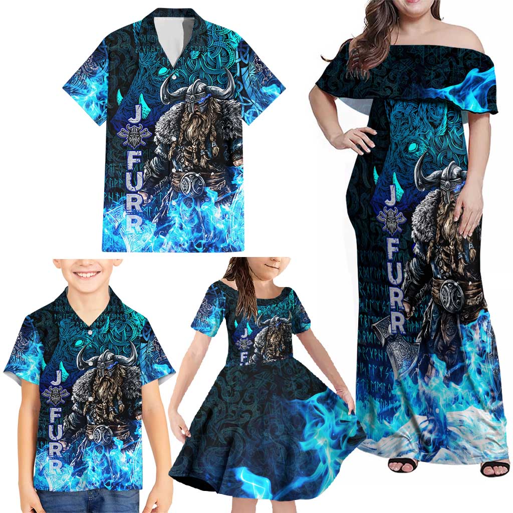 Jofurr Boar Warrior Viking Family Matching Off Shoulder Maxi Dress and Hawaiian Shirt Frost Viking Runes Blue Flame