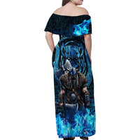 Jofurr Boar Warrior Viking Family Matching Off Shoulder Maxi Dress and Hawaiian Shirt Frost Viking Runes Blue Flame