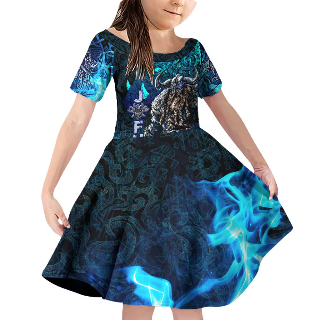 Jofurr Boar Warrior Viking Family Matching Off Shoulder Short Dress and Hawaiian Shirt Frost Viking Runes Blue Flame