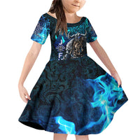 Jofurr Boar Warrior Viking Family Matching Off Shoulder Short Dress and Hawaiian Shirt Frost Viking Runes Blue Flame