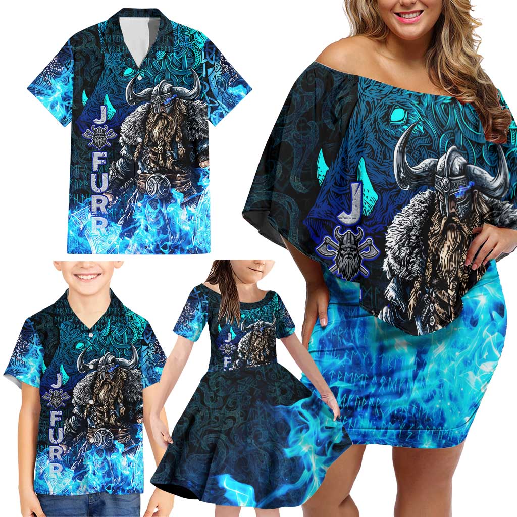 Jofurr Boar Warrior Viking Family Matching Off Shoulder Short Dress and Hawaiian Shirt Frost Viking Runes Blue Flame