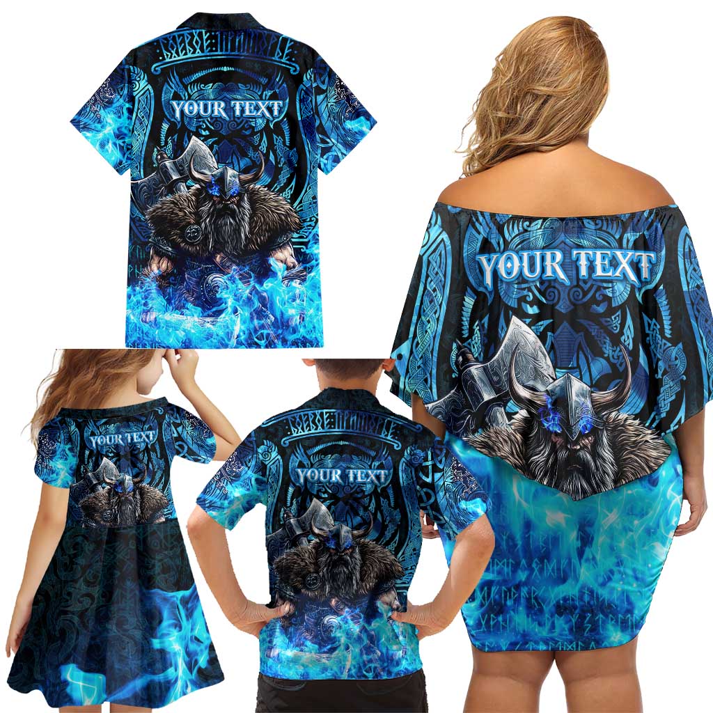 Jofurr Boar Warrior Viking Family Matching Off Shoulder Short Dress and Hawaiian Shirt Frost Viking Runes Blue Flame