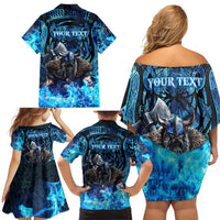 Jofurr Boar Warrior Viking Family Matching Off Shoulder Short Dress and Hawaiian Shirt Frost Viking Runes Blue Flame