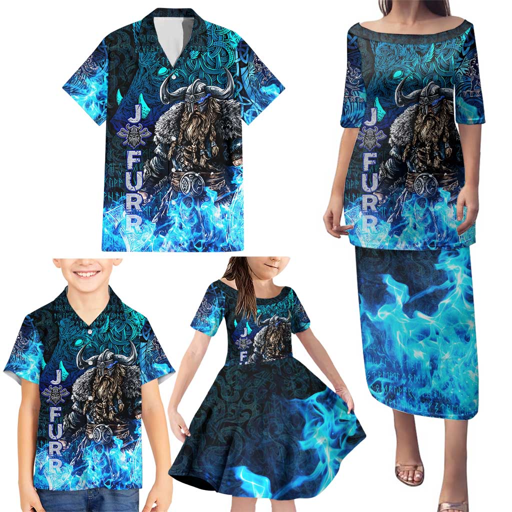 Jofurr Boar Warrior Viking Family Matching Puletasi and Hawaiian Shirt Frost Viking Runes Blue Flame