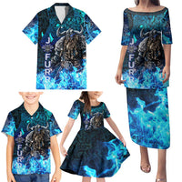 Jofurr Boar Warrior Viking Family Matching Puletasi and Hawaiian Shirt Frost Viking Runes Blue Flame