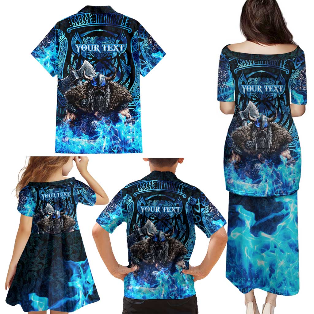 Jofurr Boar Warrior Viking Family Matching Puletasi and Hawaiian Shirt Frost Viking Runes Blue Flame