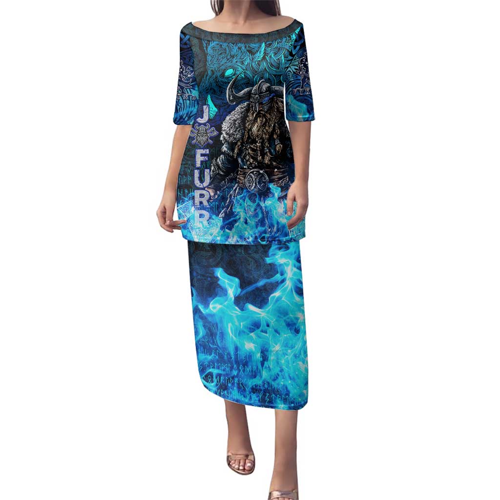 Jofurr Boar Warrior Viking Family Matching Puletasi and Hawaiian Shirt Frost Viking Runes Blue Flame