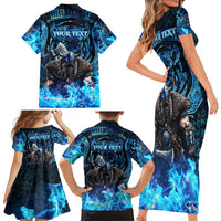 Jofurr Boar Warrior Viking Family Matching Short Sleeve Bodycon Dress and Hawaiian Shirt Frost Viking Runes Blue Flame