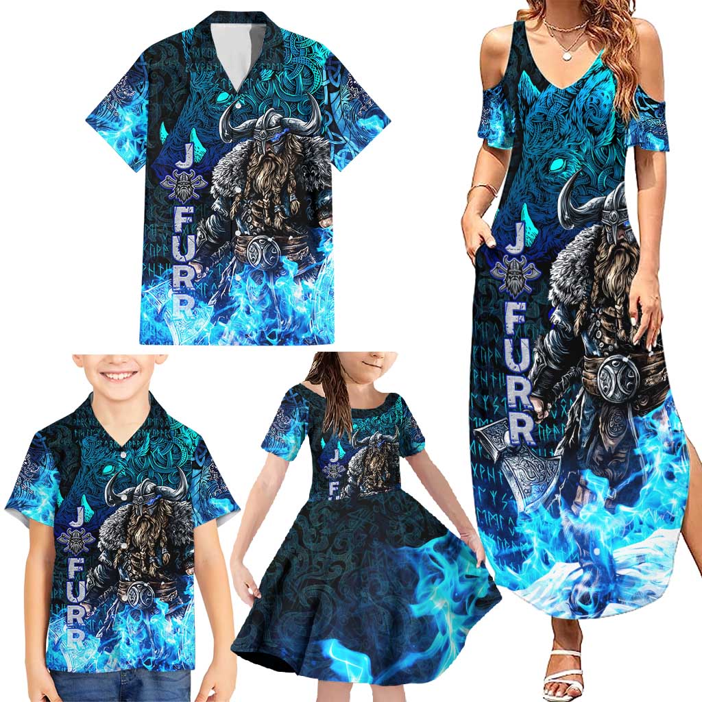 Jofurr Boar Warrior Viking Family Matching Summer Maxi Dress and Hawaiian Shirt Frost Viking Runes Blue Flame