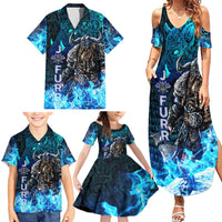 Jofurr Boar Warrior Viking Family Matching Summer Maxi Dress and Hawaiian Shirt Frost Viking Runes Blue Flame