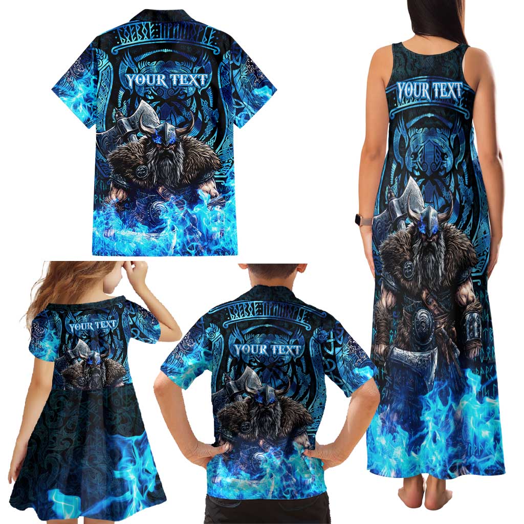 Jofurr Boar Warrior Viking Family Matching Tank Maxi Dress and Hawaiian Shirt Frost Viking Runes Blue Flame