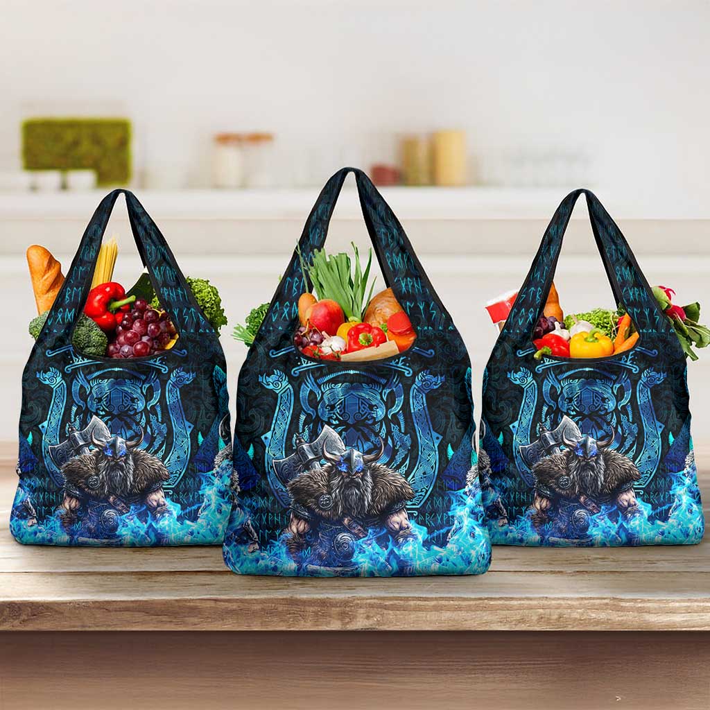 Jofurr Boar Warrior Viking Grocery Bag Frost Viking Runes Blue Flame