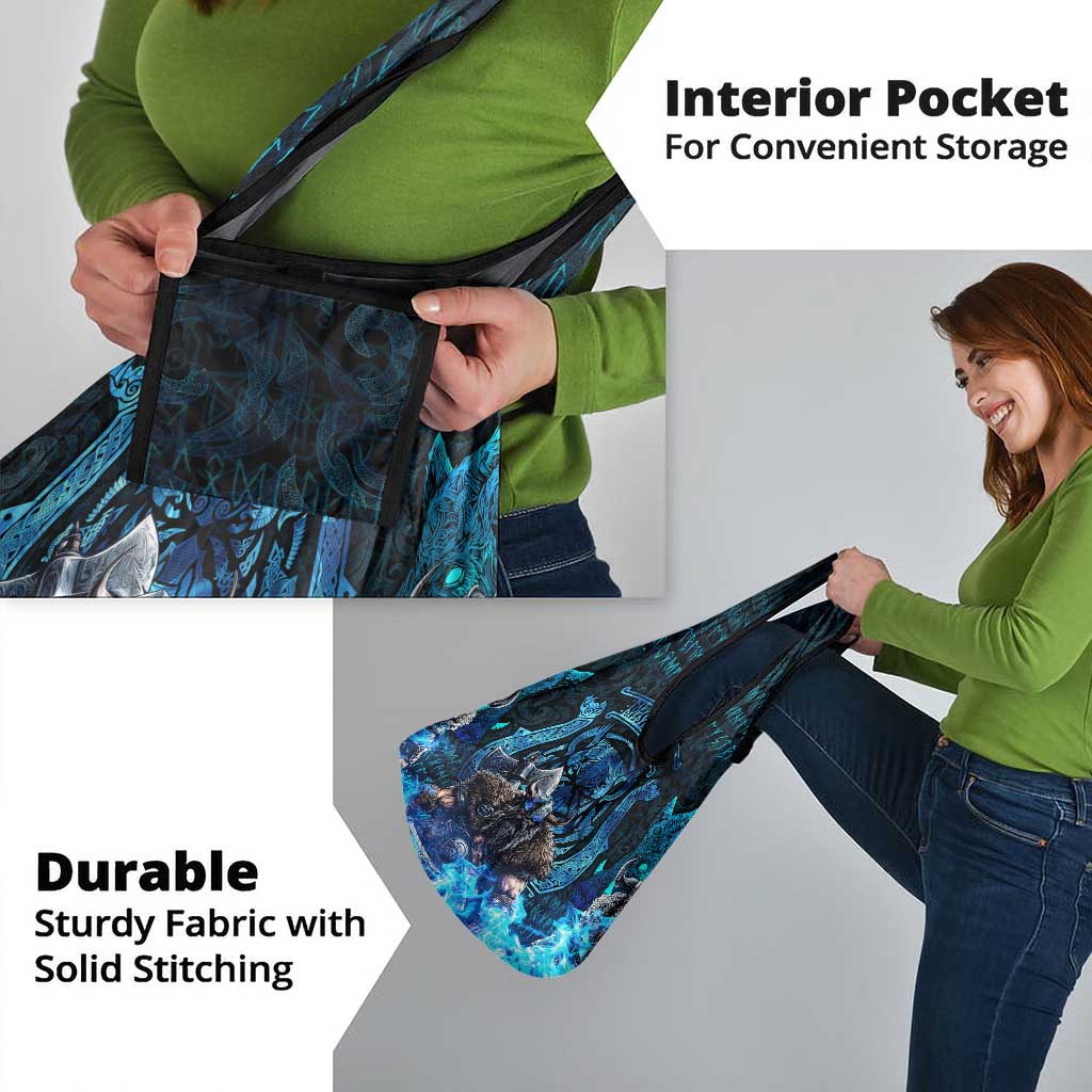 Jofurr Boar Warrior Viking Grocery Bag Frost Viking Runes Blue Flame