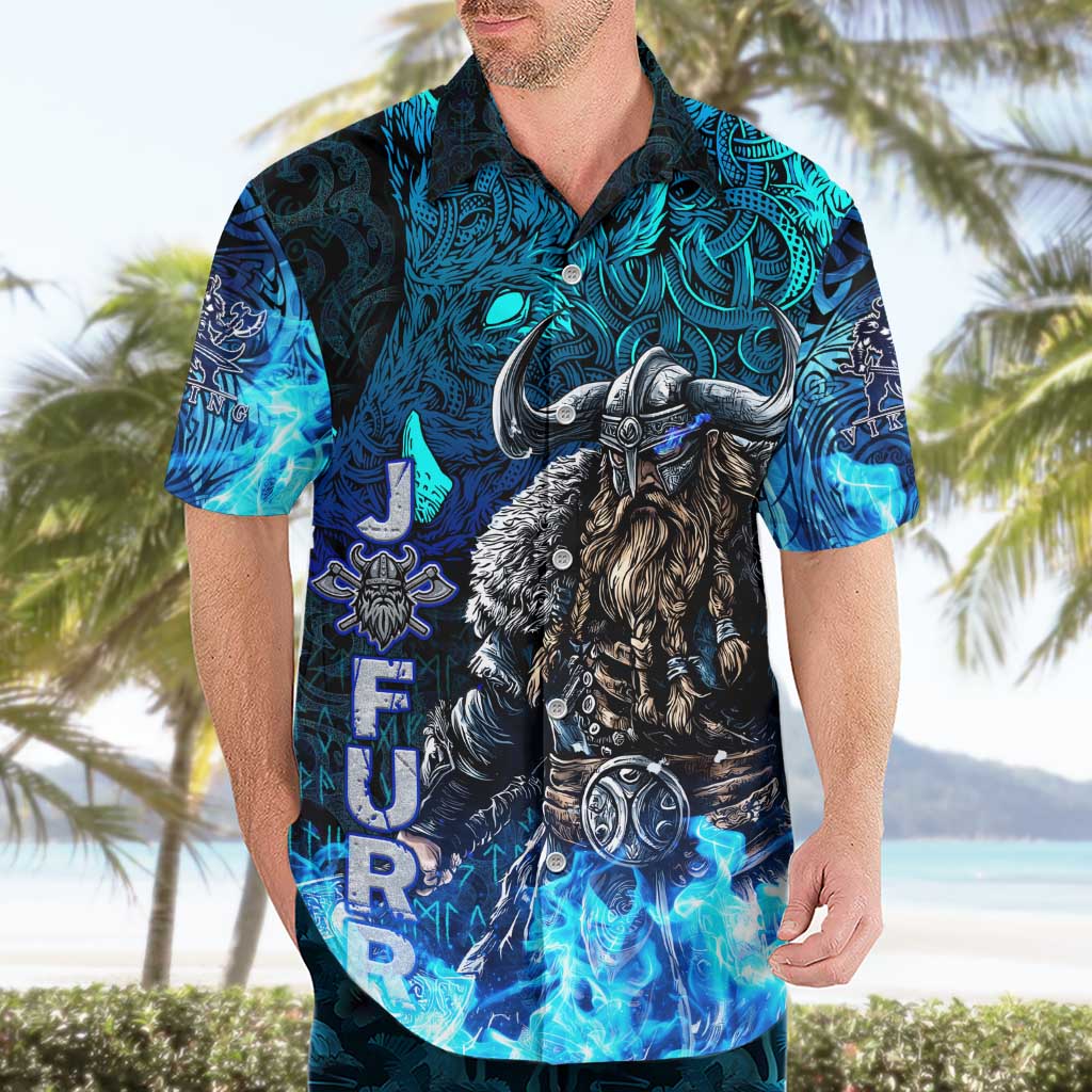 Jofurr Boar Warrior Viking Hawaiian Shirt Frost Viking Runes Blue Flame
