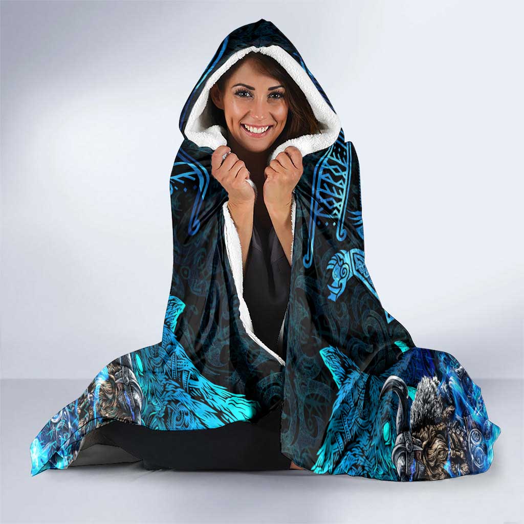 Jofurr Boar Warrior Viking Hooded Blanket Frost Viking Runes Blue Flame