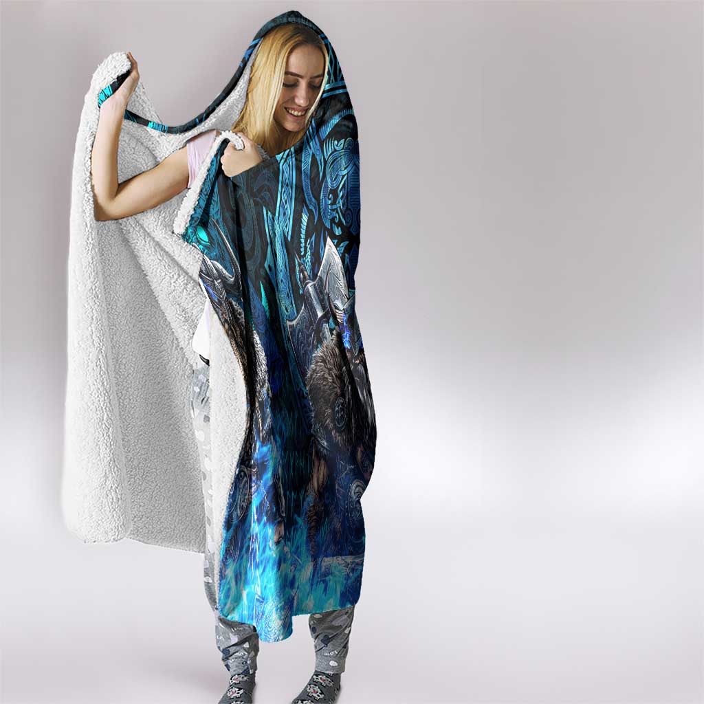 Jofurr Boar Warrior Viking Hooded Blanket Frost Viking Runes Blue Flame