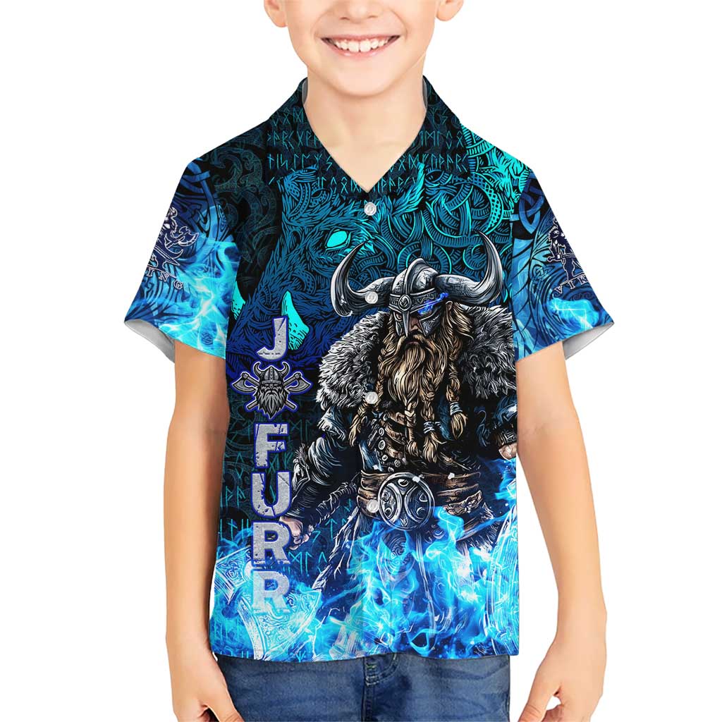 Jofurr Boar Warrior Viking Kid Hawaiian Shirt Frost Viking Runes Blue Flame