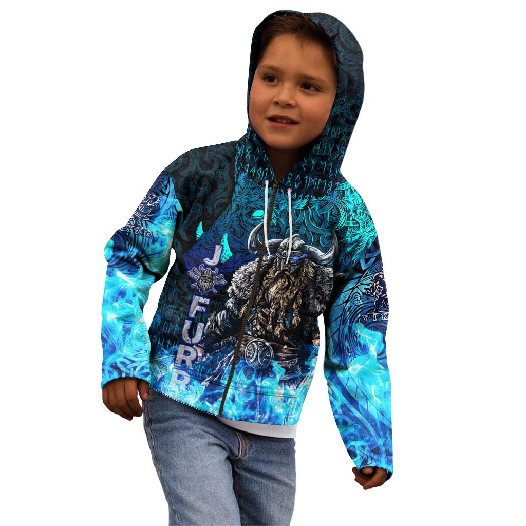 Jofurr Boar Warrior Viking Kid Hoodie Frost Viking Runes Blue Flame