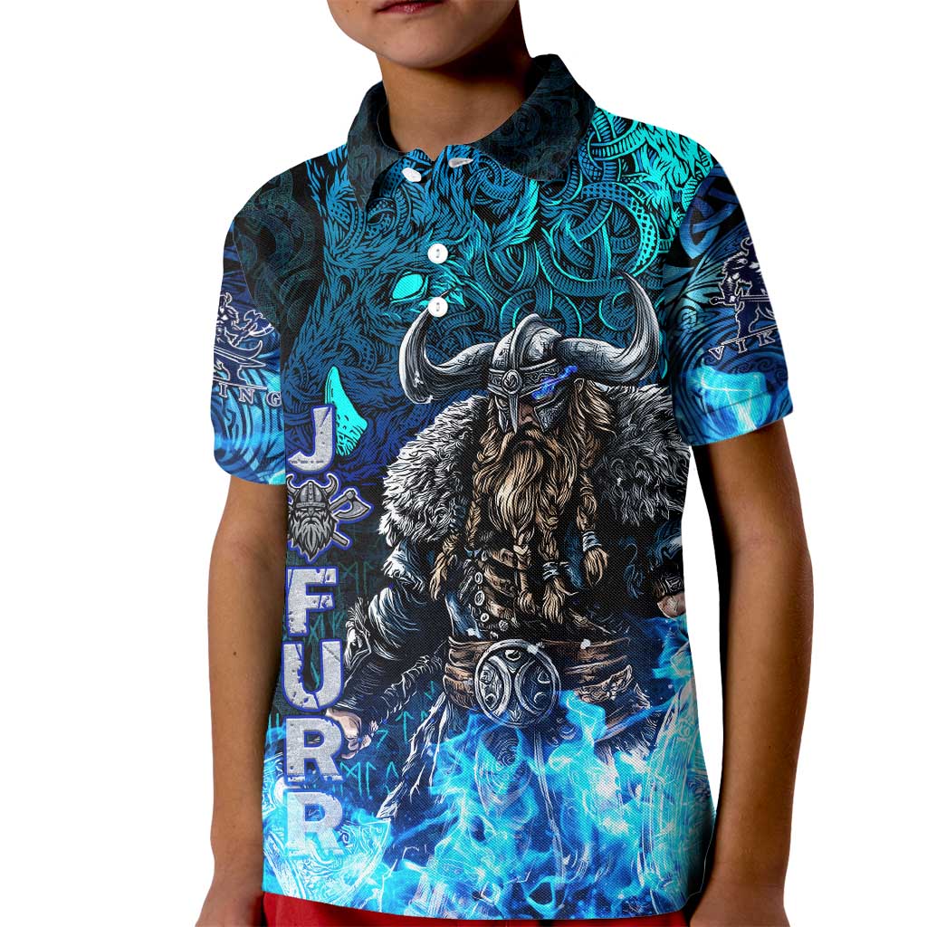 Jofurr Boar Warrior Viking Kid Polo Shirt Frost Viking Runes Blue Flame